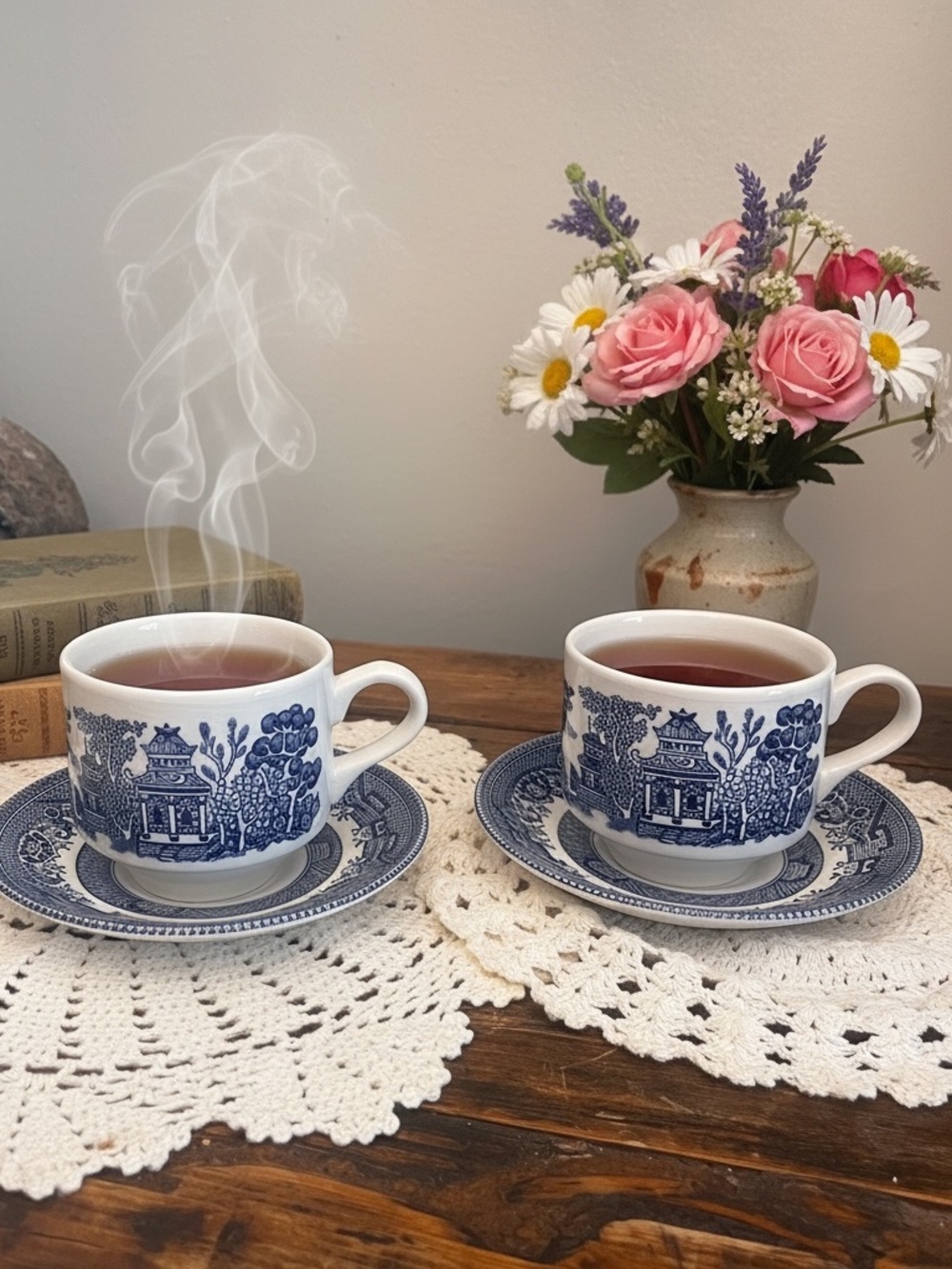 Vintage Churchill Blue Willow Porcelain Tea Cup & Saucer / England / Set of 2